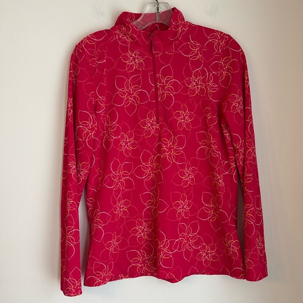 L.L.Bean women Pink Floral 1/2 Zip Long Sleeve Mock Neck Lightweight Running MD